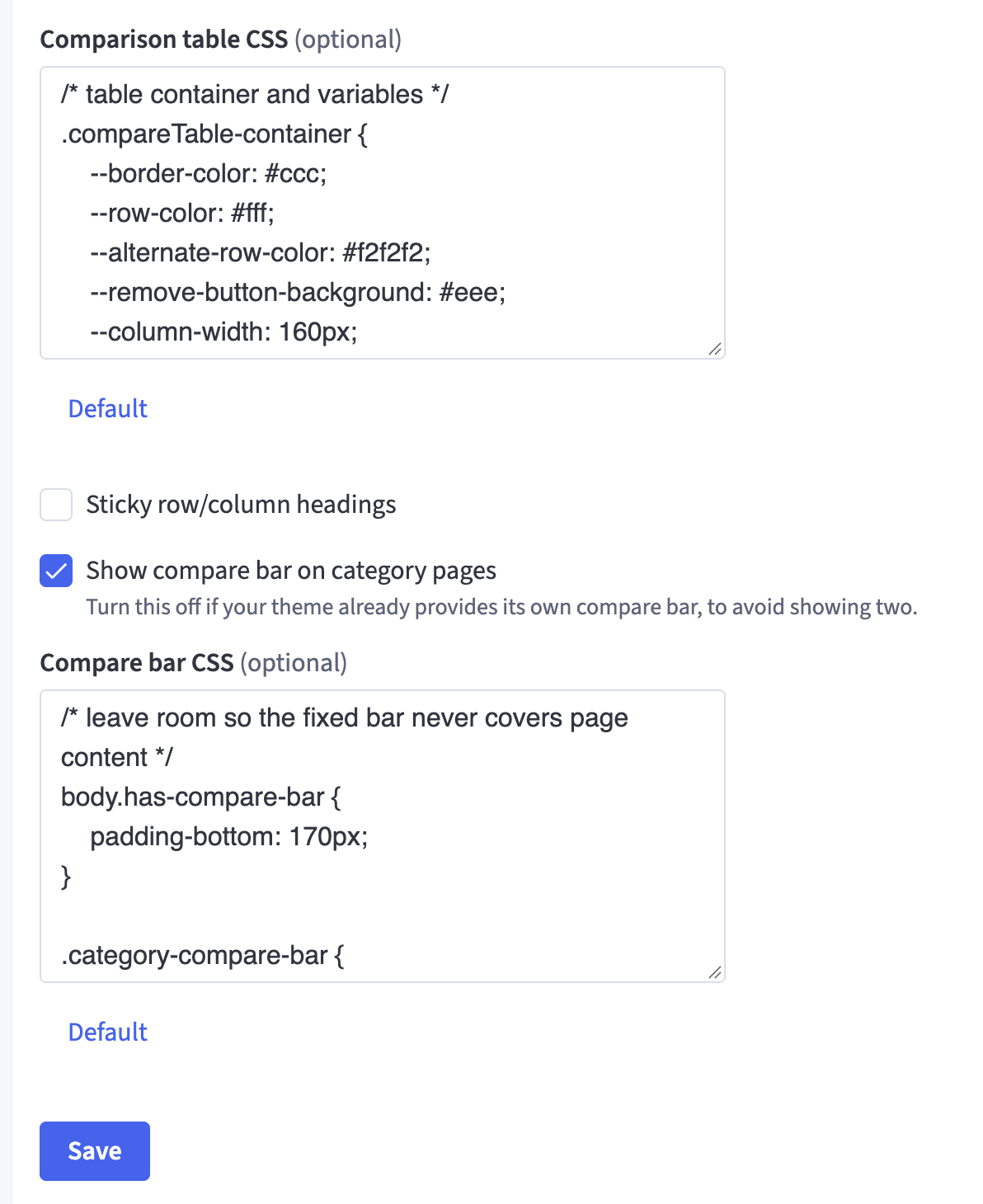 The Comparison Settings tab